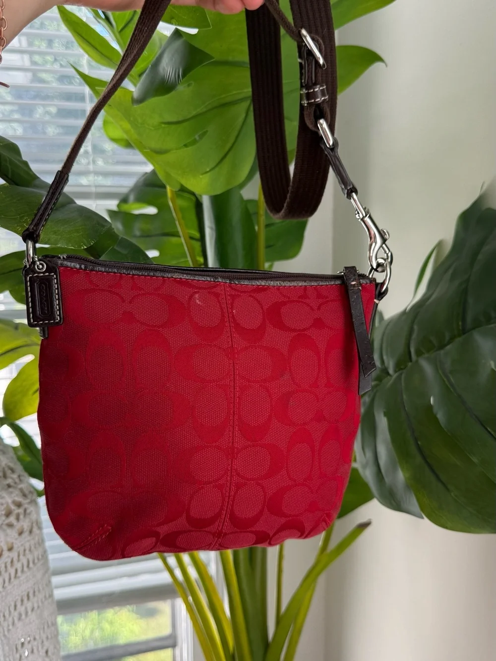 Coach Signature Monogram Red Brown Crossbody Bag Zip Vintage